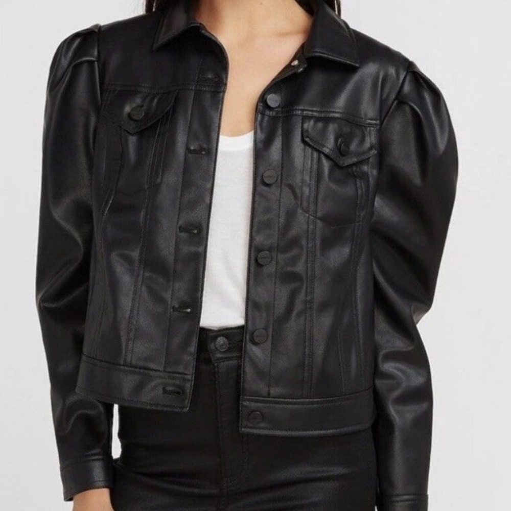 Express faux leather puff sleeve black jacket. Large